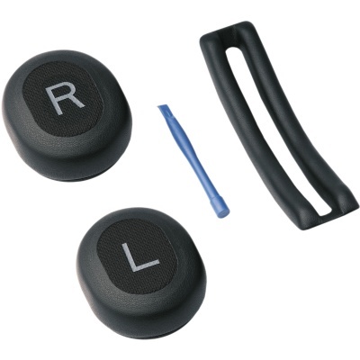 Almofadas pretas para auscultadores com letras R e L, ferramenta azul e faixa de espuma preta