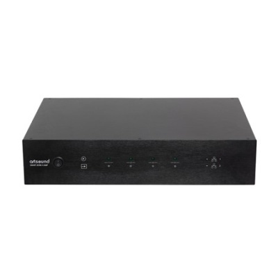 Amplificador áudio Artsound modelo LIGA2040 preto, indicador luminosos verdes.