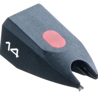 Agulha de giradiscos preta com detalhe vermelho e ponta metálica