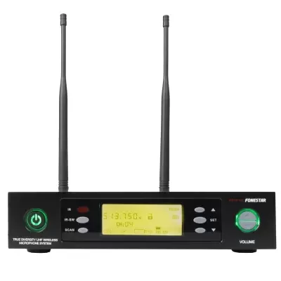 Sistema sem fios para microfone True Diversity UHF FORESTAR com visor digital amarelo e antenas pretas