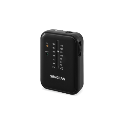 Rádio portátil preto SANGEAN com escala analógica de frequências FM/AM