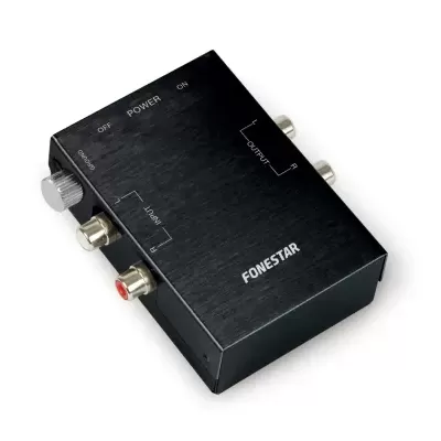 Conversor áudio preto Fonestar com botões e entradas RCA