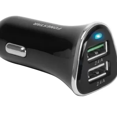 Carregador de isqueiro para carro preto com duas portas USB e luz azul