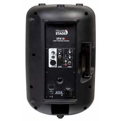 Coluna de som preta Italiana Stage SPX10 2 WAY POWERED SPEAKER com conectores e botões na traseira.