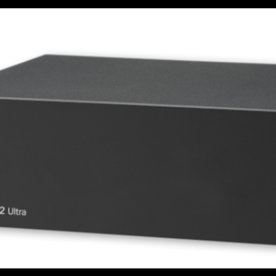 Aparelho de áudio preto com botão e texto Phono Box S2 Ultra