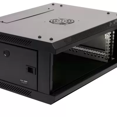 Armário metálico preto com porta transparente e fechadura