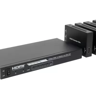 Conjunto de extensor HDMI preto com transmissor e quatro receptores.