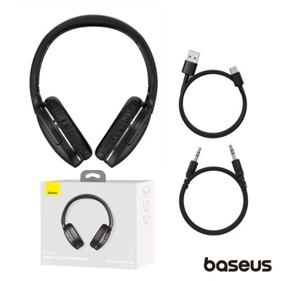 Auscultadores wireless pretos da Baseus com cabos USB e áudio e embalagem branca