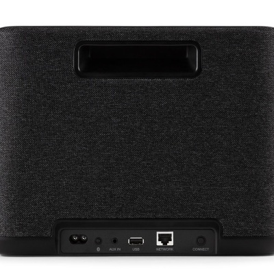 Altifalante preto com várias portas e pega integrada visto de trás