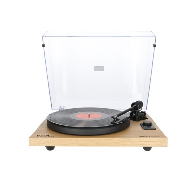 Gira-discos ENDURO com base em madeira clara, tampa transparente e vinil