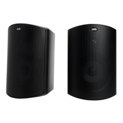 Par de colunas de som pretas com logótipo Polk