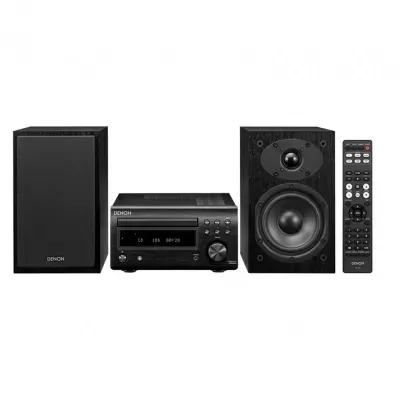 Conjunto de áudio Denon preto com colunas, unidade central e comando remoto