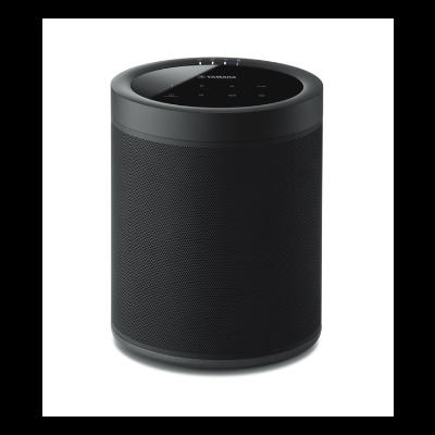 Coluna de som preta Yamaha com superfície superior touch e corpo texturizado