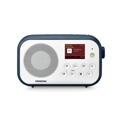 Rádio digital Sangean branco com bordas azuis e ecrã digital colorido