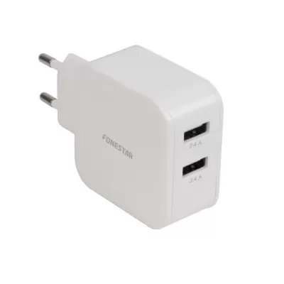 Carregador de parede branco FONESTAR com duas portas USB e ficha europeia