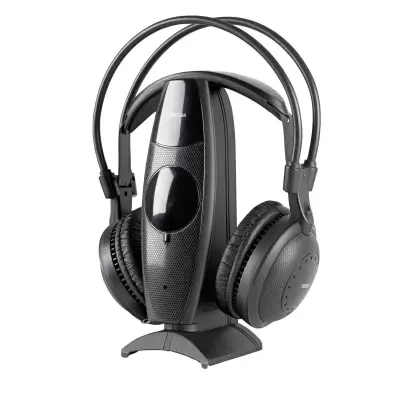 Headphones sem fio pretos com suporte de carregamento