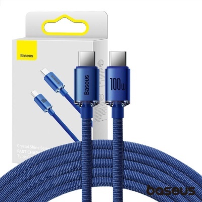 Cabo de carregamento USB-C azul Baseus com embalagem ao fundo