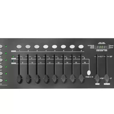 Consola de controlo de luzes FONESTAR preta com botões e controladores deslizantes