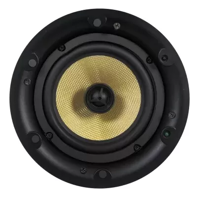 Coluna áudio circular com cone amarelo texturizado e aro preto