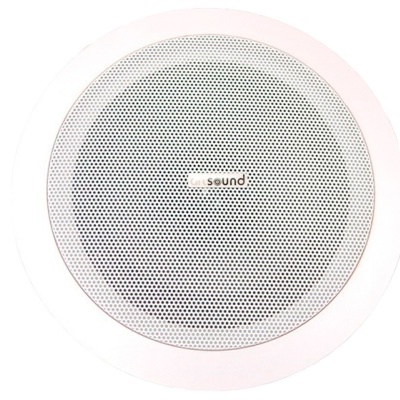 Coluna de som circular branca com etiqueta 'sound'