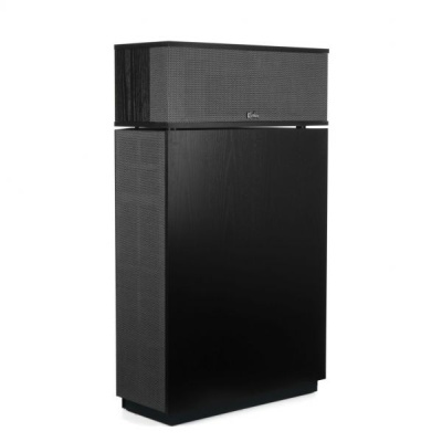 Coluna acústica preta com duas partes empilhadas