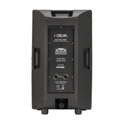 Coluna de som preta BIEMHE ESTRO 15P vista de trás com painel de controle e informações técnicas