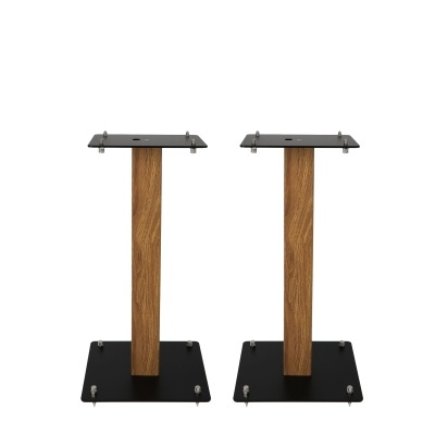 Par de suportes para colunas com base e topo em metal preto e coluna central em madeira.