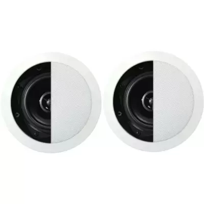 Par de colunas embutidas redondas com metade da grelha branca e o cone preto visível