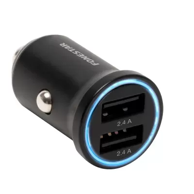 Carregador automóvel preto com duas portas USB e luz azul