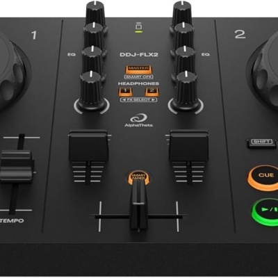 Controlador DJ preto com botões coloridos e texto DDJ-FLX2