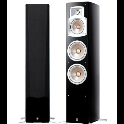 Colunas de som tipo torre em preto brilhante com altifalantes visíveis e proteção em tecido