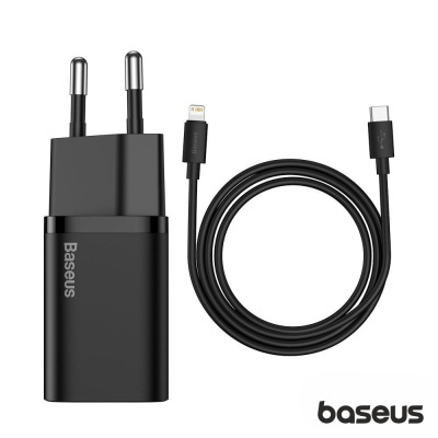 Carregador Baseus preto com cabo USB-C para Lightning