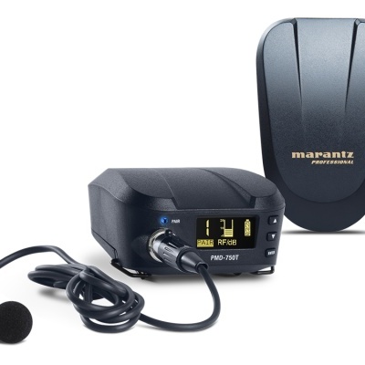 Microfone preto com transmissor e unidade para clip Marantz