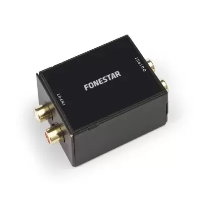 Dispositivo eletrónico compacto preto com conectores RCA dourados e texto FONESTAR no topo