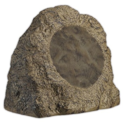 Coluna de som formato de rocha castanha com grelha metálica circular