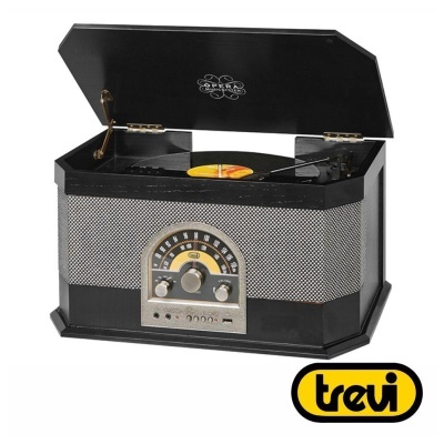 Aparelho de som retro Trevi preto e cinza com leitor de vinil e rádio