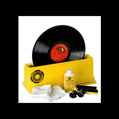 Kit de limpeza para discos de vinil com suporte amarelo, líquido, aplicadores, disco vinil preto e panos brancos