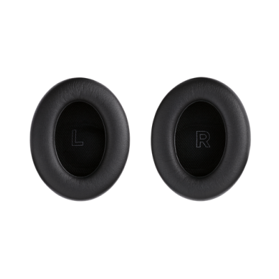 almofadas pretas para auscultadores com letras L e R