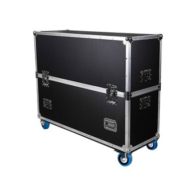 Mala de transporte preta com armação metálica prateada e rodas azuis