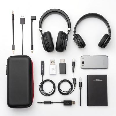 Conjunto de acessórios eletrónicos incluindo auscultadores, bolsa, cabos adaptadores, smartphone Sony Xperia e caderno preto
