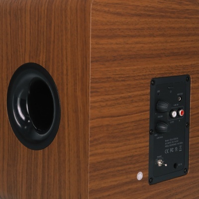 Coluna de som em madeira com entrada RCA vermelha e branca