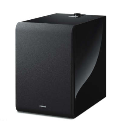 Subwoofer preto Yamaha com grelha frontal têxtil e botão na parte superior