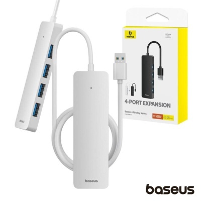 Hub USB 3.0 branco Baseus com 4 portas e embalagem amarela e branca