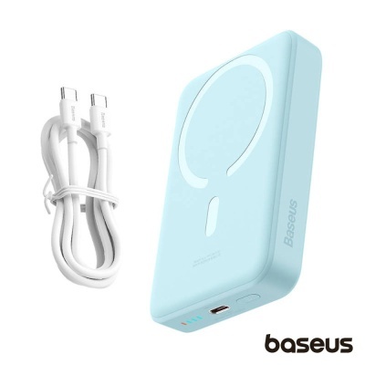 Carregador portátil wireless azul claro Baseus com cabo USB branco