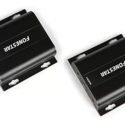 Dois suportes plásticos pretos com texto FONESTAR em fundo branco