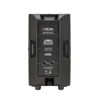 Coluna de som preta HELVIK ESTRO 12P vista traseira com informações técnicas