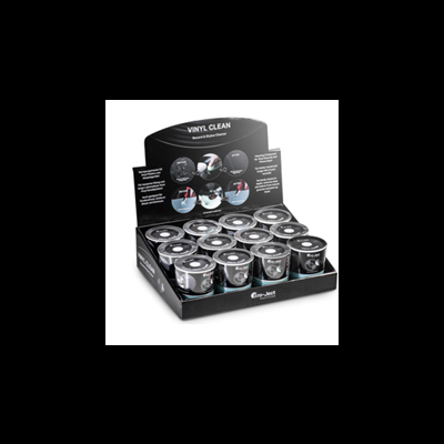 Expositor com latas pretas do produto de limpeza VINYL CLEAN Eco-Jet