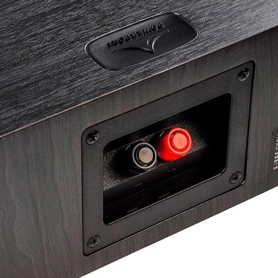 Parte traseira de coluna acústica escura com terminais preto e vermelho e placa Monitor Audio