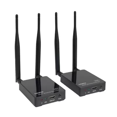 Dispositivos eletrónicos pretos com antenas e portas HDMI