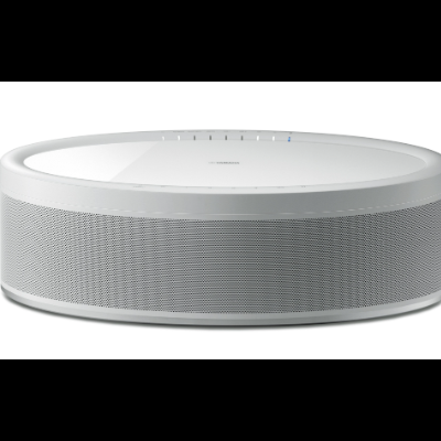 Coluna portátil redonda branca com grelha cinzenta